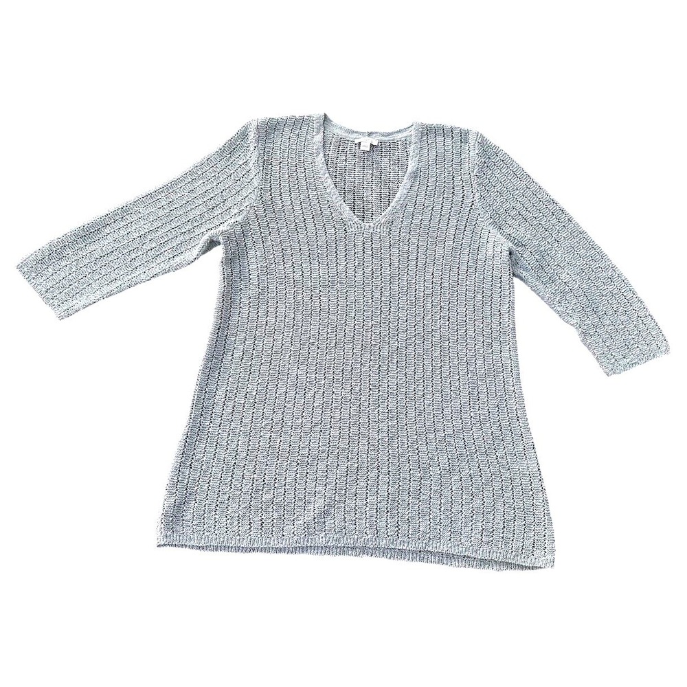 J. Jill Womens Sea-foam Blue Open Knit V-Neck Pullover Sweater Size L 3/4 Sleeve